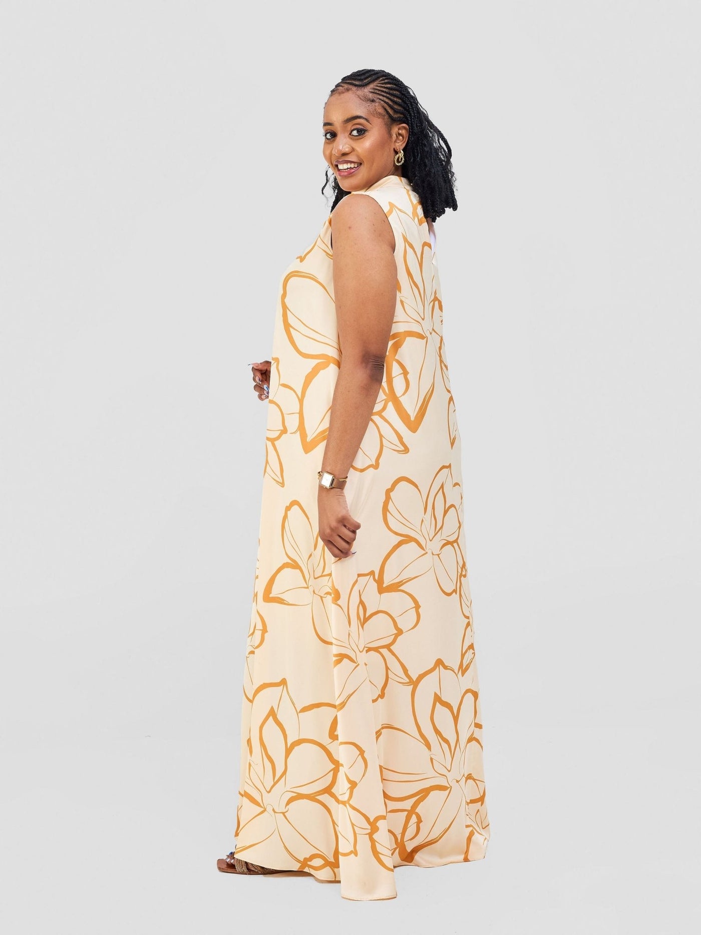 Vivo Thando Mock Neck Maxi Dress - Buttermilk / Mustard Ruvu Print - Shopzetu