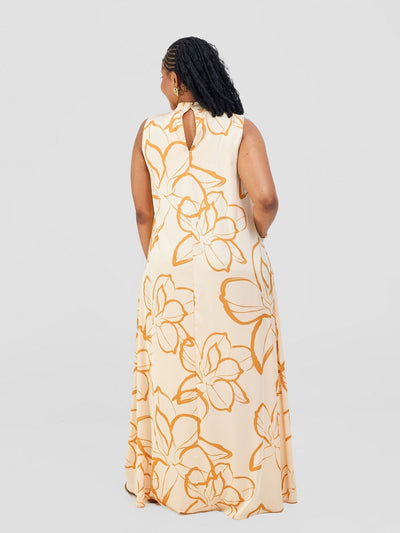 Vivo Thando Mock Neck Maxi Dress - Buttermilk / Mustard Ruvu Print - Shopzetu