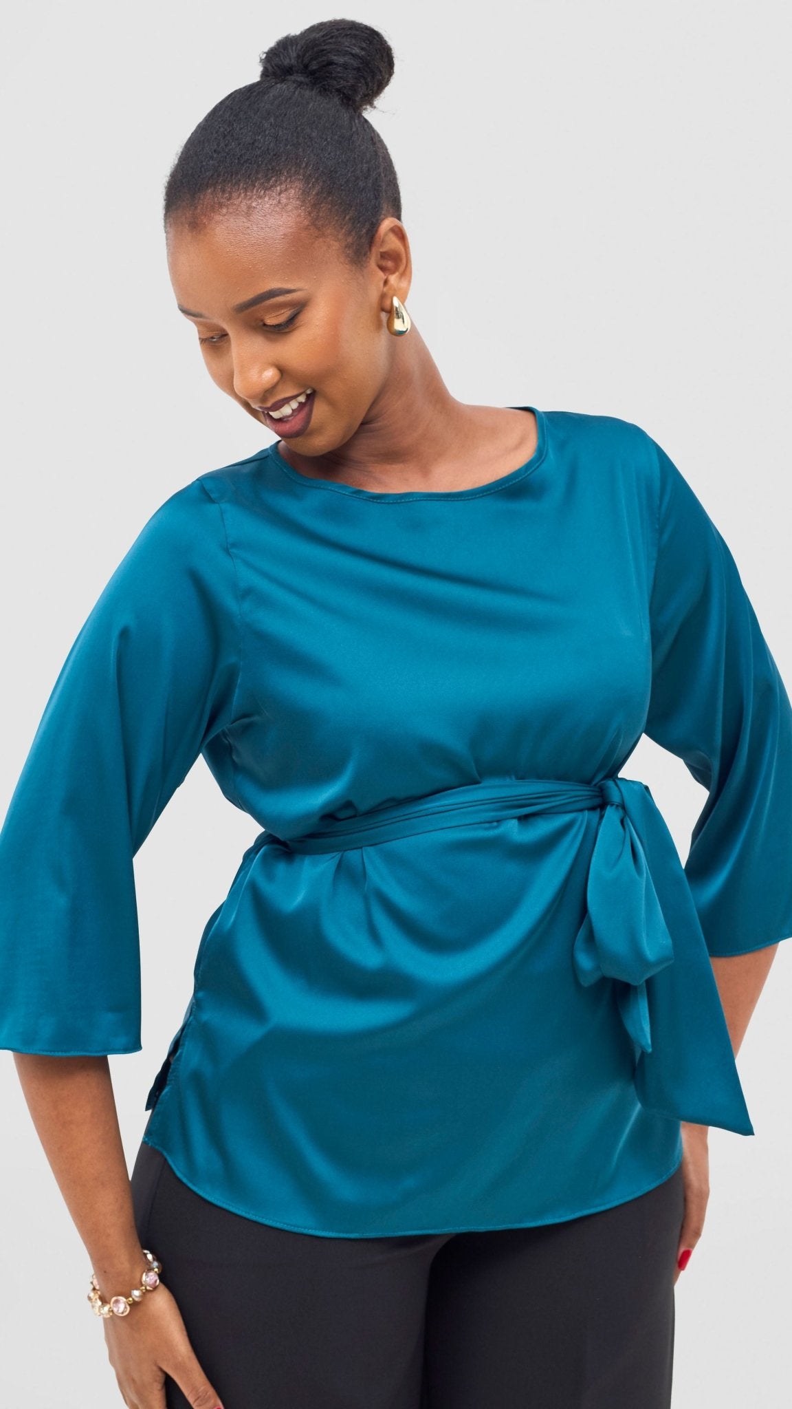 Vivo Takali 3/4 Sleeve Tie Top - Dark Teal – Shopzetu