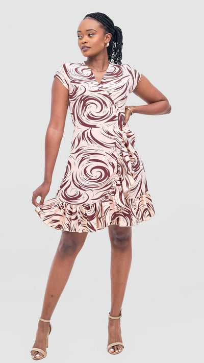 Vivo Nasinka Wrap Dress - Peach / Maroon Naka Print - Shopzetu