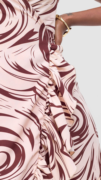 Vivo Nasinka Wrap Dress - Peach / Maroon Naka Print - Shopzetu
