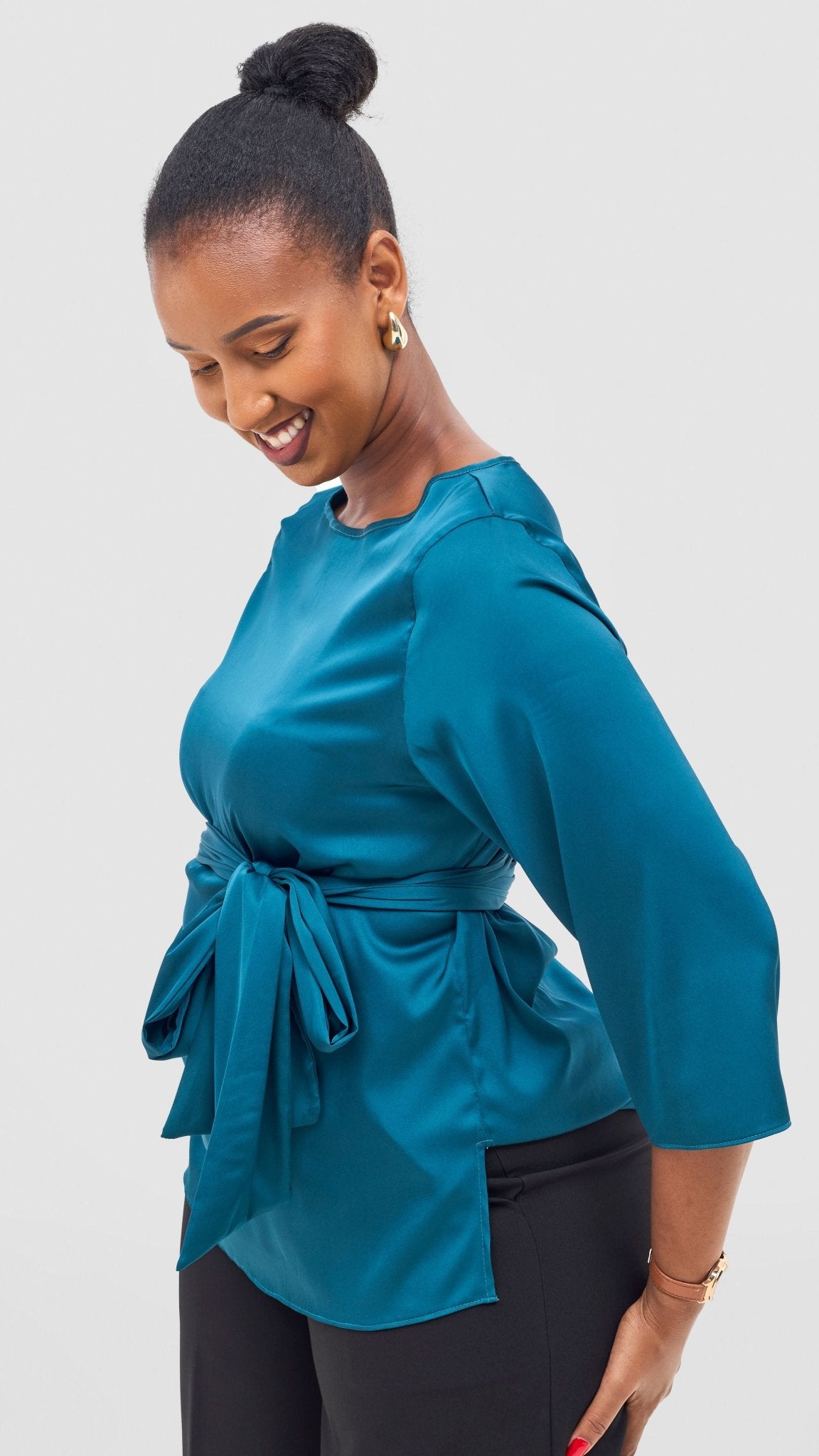 Vivo Takali 3/4 Sleeve Tie Top - Dark Teal - Shopzetu