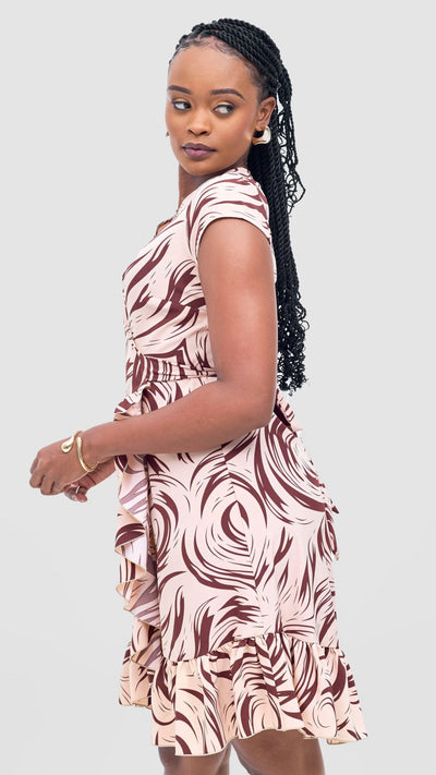 Vivo Nasinka Wrap Dress - Peach / Maroon Naka Print - Shopzetu