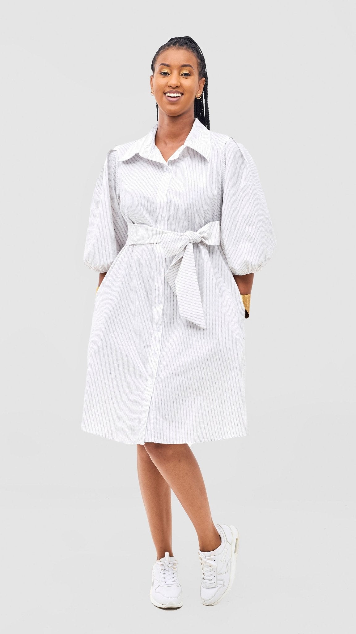 Safari Naledi 3/4 Sleeve Tent Dress - White Pinstripes Print - Shopzetu