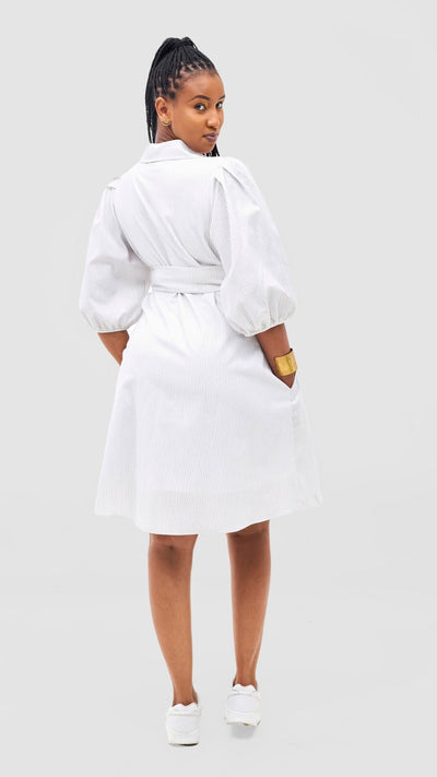 Safari Naledi 3/4 Sleeve Tent Dress - White Pinstripes Print - Shopzetu