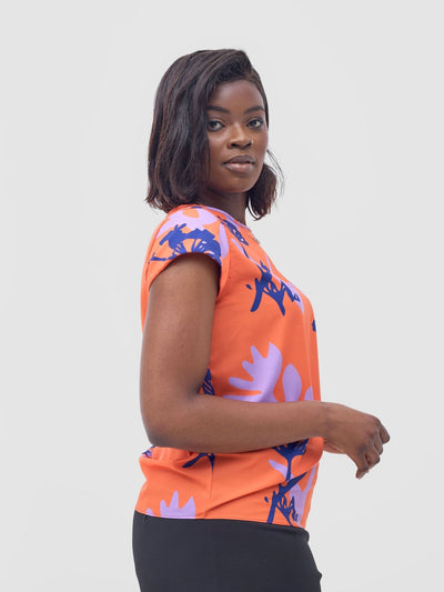 Vivo Basic Crepe Cap Sleeved Top - Orange / Lilac Abasi Print - Shopzetu