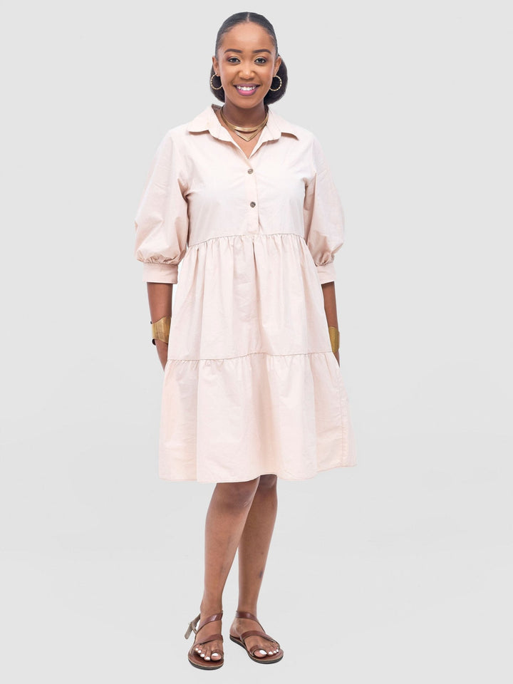Safari Tawi Shirt Collar Bishop Sleeve Tiered Dress - Khaki - Shopzetu