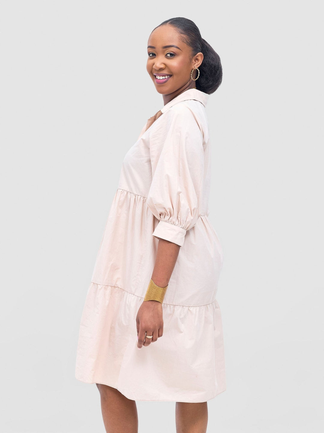 Safari Tawi Shirt Collar Bishop Sleeve Tiered Dress - Khaki - Shopzetu