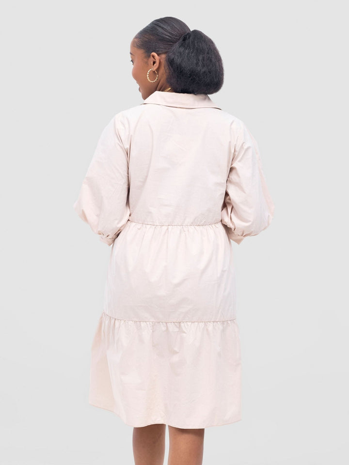 Safari Tawi Shirt Collar Bishop Sleeve Tiered Dress - Khaki - Shopzetu