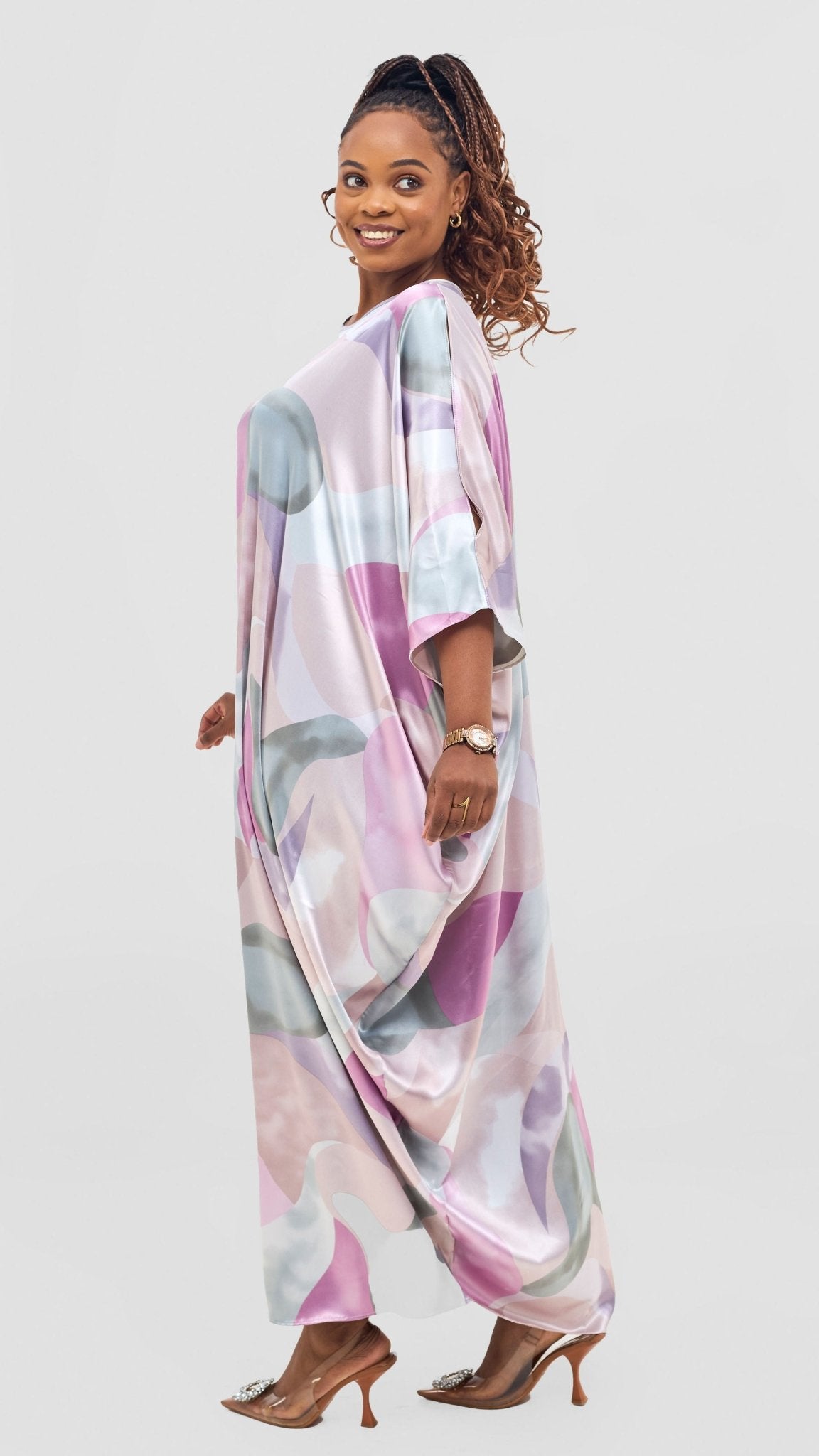 Vivo Lani Maxi Dress - Purple / Light Pink Squiggle Print - Shopzetu