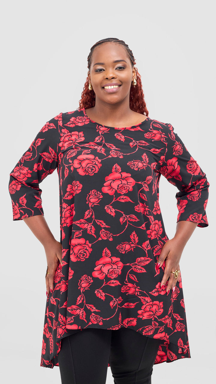 Vivo Maisha 3/4 Sleeve High Low Top - Red / Black Print