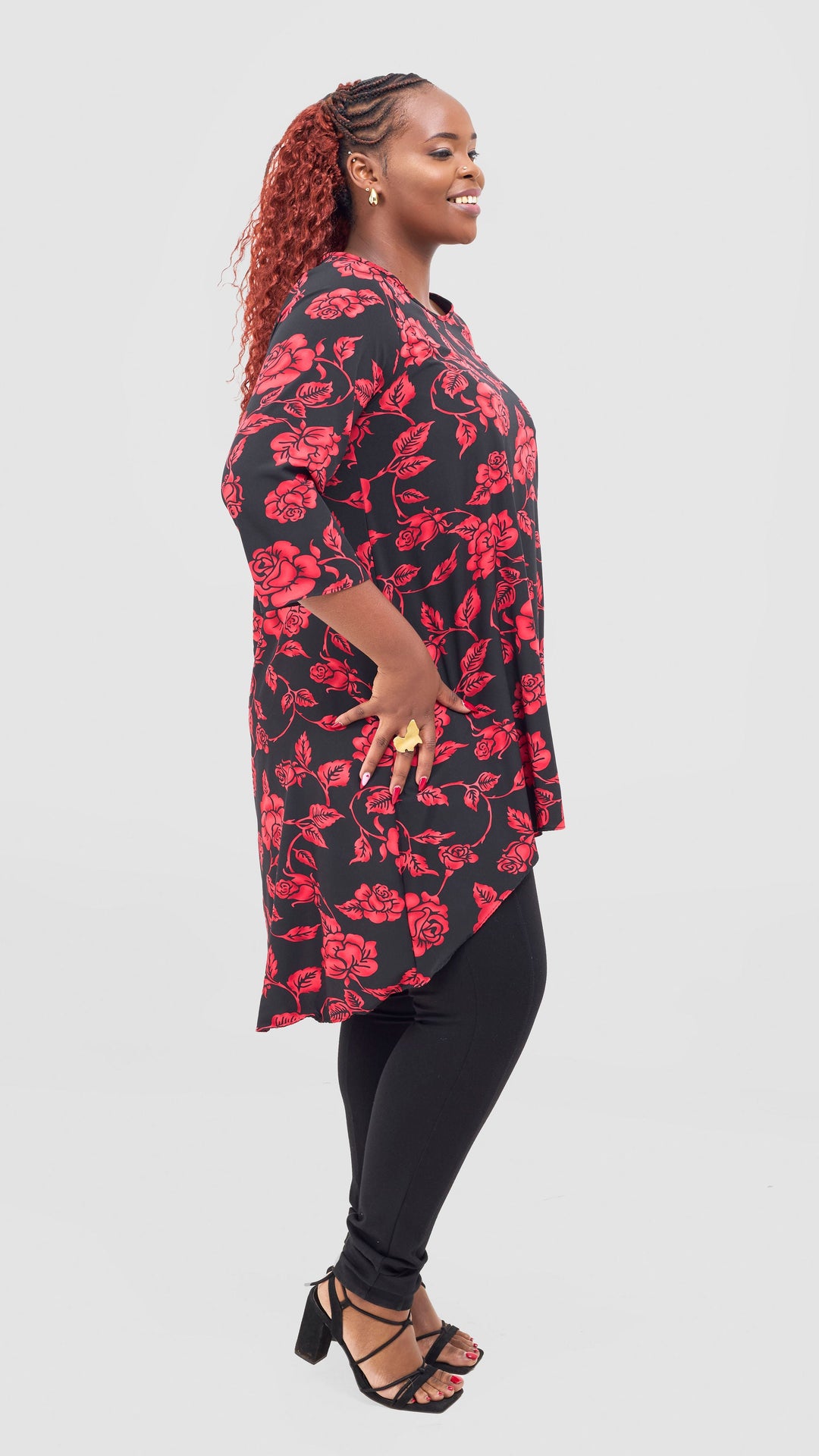 Vivo Maisha 3/4 Sleeve High Low Top - Red / Black Print