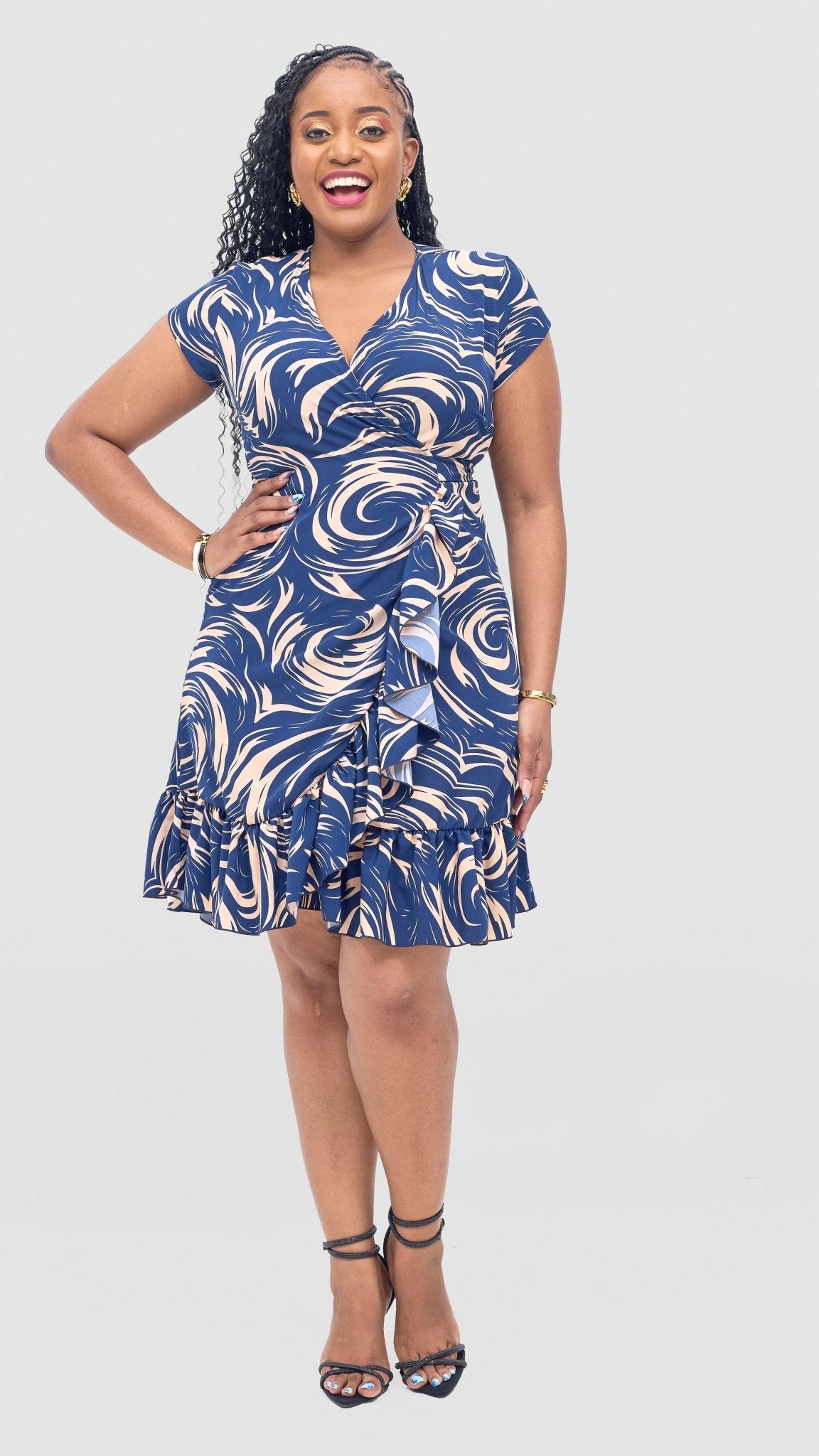 Vivo Nasinka Wrap Dress - Navy / Peach Naka Print - Shopzetu
