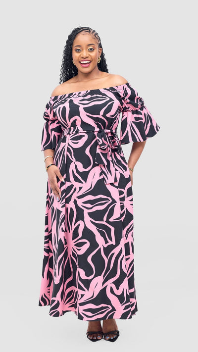 Vivo Tana Off Shoulder Maxi Dress - Pink / Black Dana Print - Shopzetu