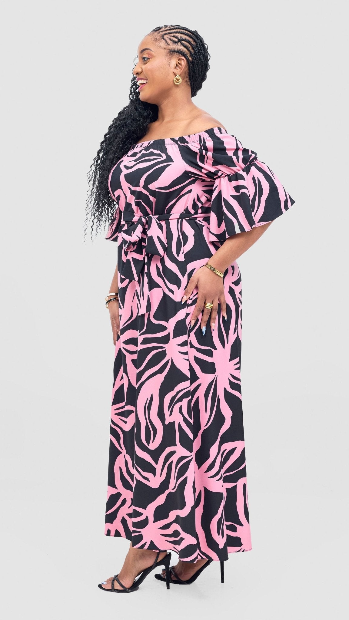 Vivo Tana Off Shoulder Maxi Dress - Pink / Black Dana Print - Shopzetu