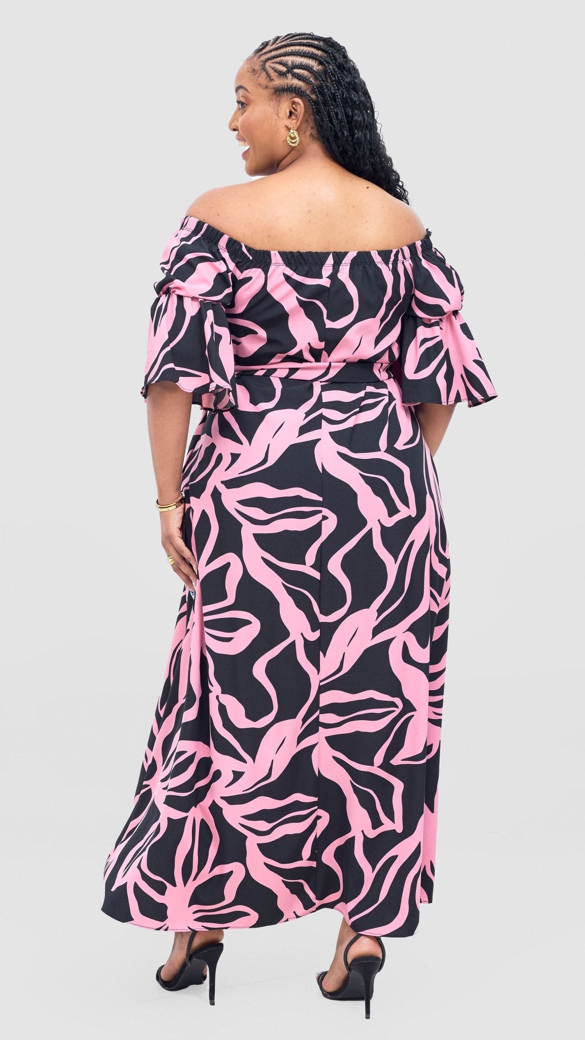 Vivo Tana Off Shoulder Maxi Dress - Pink / Black Dana Print - Shopzetu