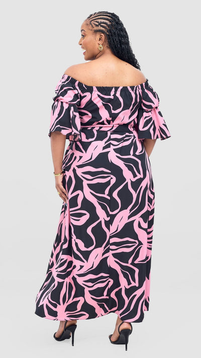 Vivo Tana Off Shoulder Maxi Dress - Pink / Black Dana Print - Shopzetu