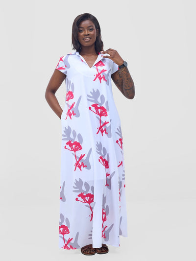 Vivo Zuri Cap Sleeved Maxi Dress - White / Pink Abasi Print - Shopzetu