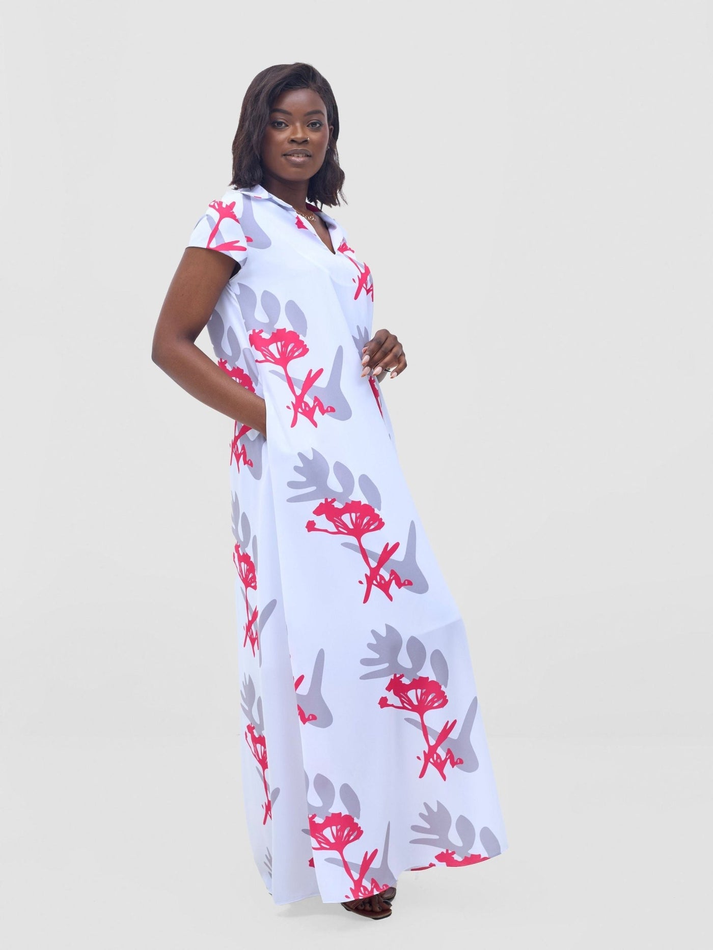 Vivo Zuri Cap Sleeved Maxi Dress - White / Pink Abasi Print - Shopzetu