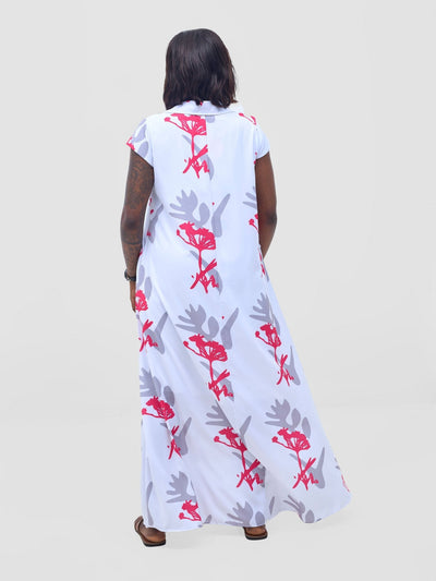 Vivo Zuri Cap Sleeved Maxi Dress - White / Pink Abasi Print - Shopzetu