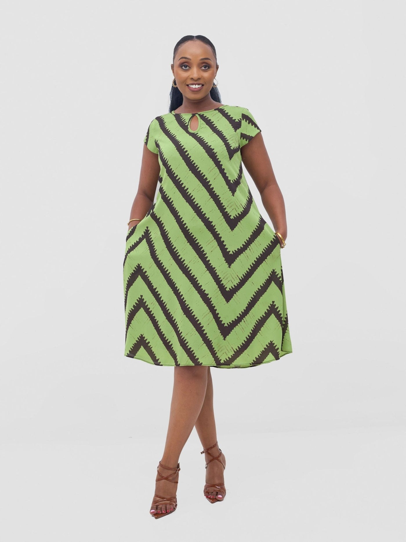 Vivo Sierra Cap Sleeve Tent Chiffon Dress - Olive / Chocolate Sabi Print - Shopzetu