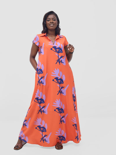 Vivo Zuri Cap Sleeved Maxi Dress - Orange / Lilac Abasi Print - Shopzetu