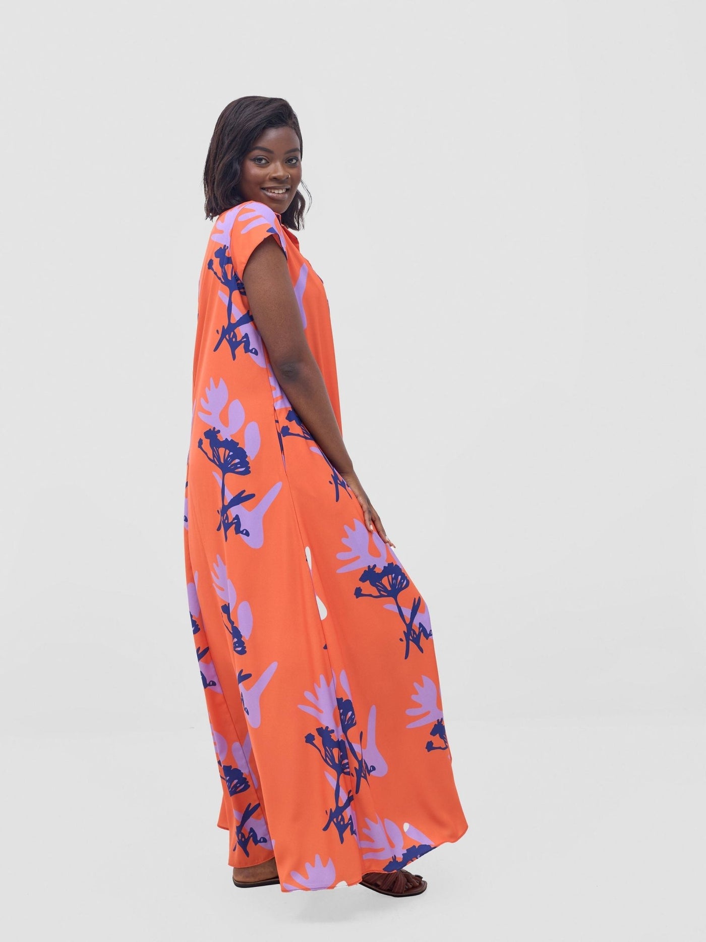 Vivo Zuri Cap Sleeved Maxi Dress - Orange / Lilac Abasi Print - Shopzetu