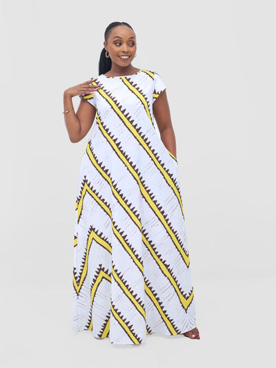 Vivo Basic Cap Sleeve Maxi Tent Dress - White / Yellow Sabi Print - Shopzetu
