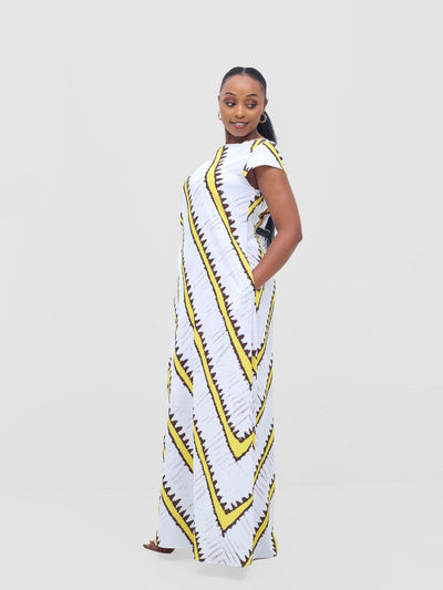 Vivo Basic Cap Sleeve Maxi Tent Dress - White / Yellow Sabi Print - Shopzetu