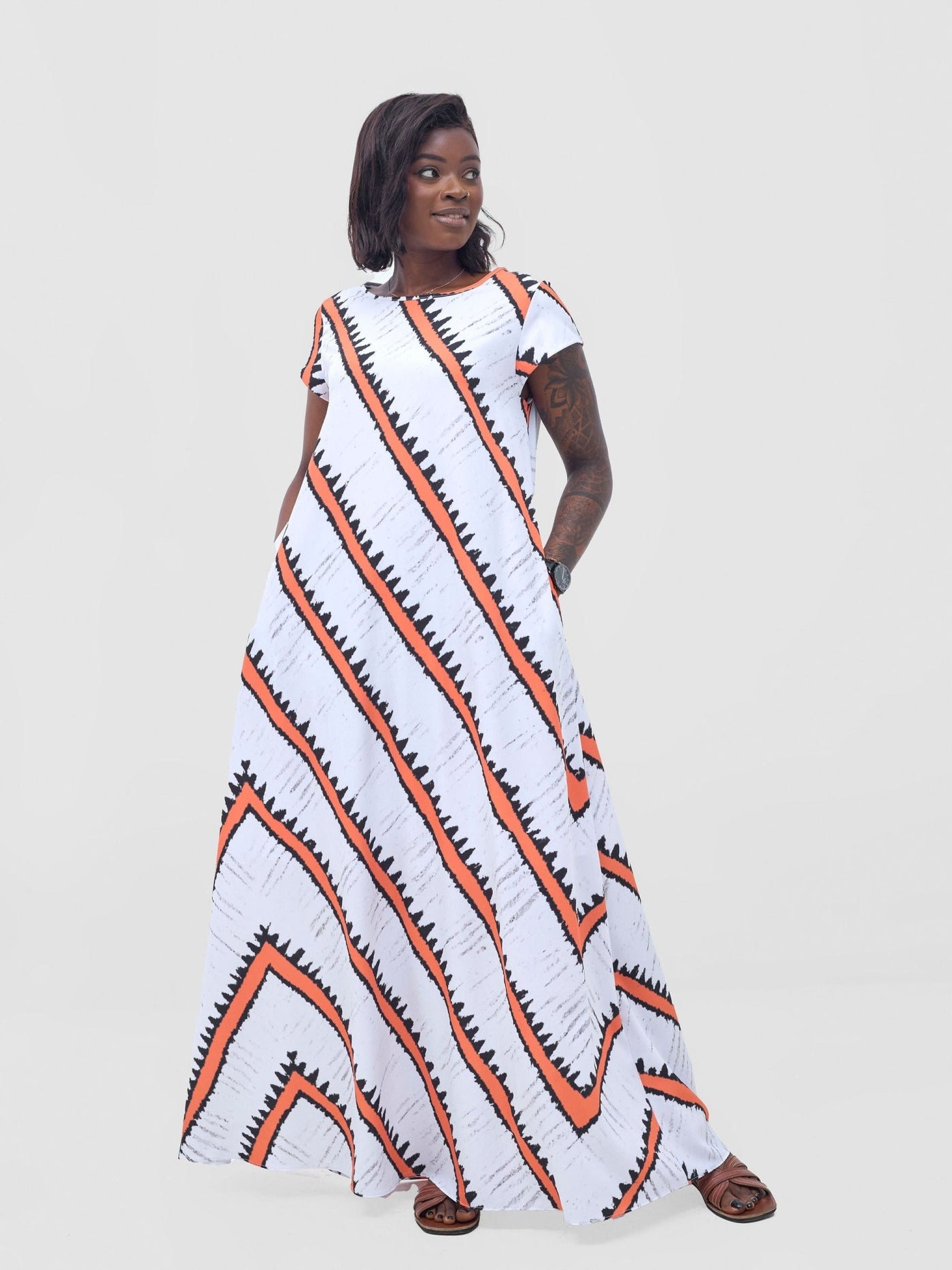 Vivo Basic Cap Sleeve Maxi Tent Dress - White / Orange Sabi Print - Shopzetu