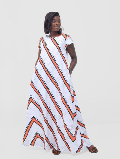 Vivo Basic Cap Sleeve Maxi Tent Dress - White / Orange Sabi Print - Shopzetu