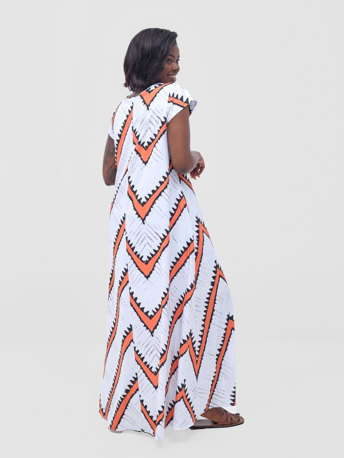 Vivo Basic Cap Sleeve Maxi Tent Dress - White / Orange Sabi Print - Shopzetu