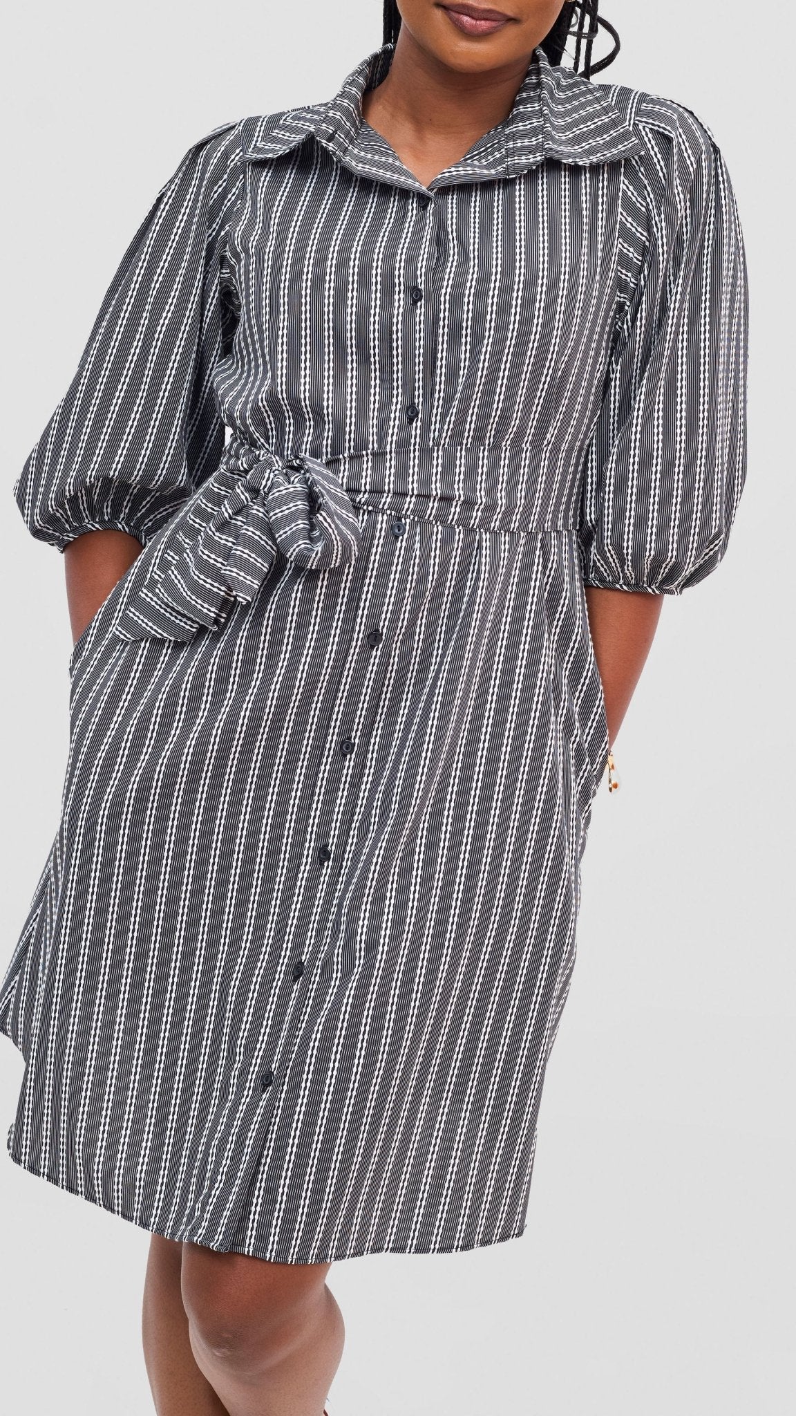 Safari Naledi 3/4 Sleeve Tent Dress - White Polka Stripes - Shopzetu