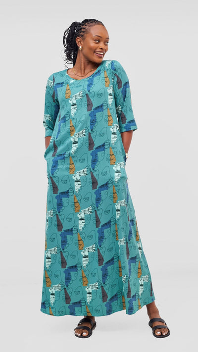 Vivo Maisha 3/4 Sleeve Maxi Dress - Teal Mural Print - Shopzetu
