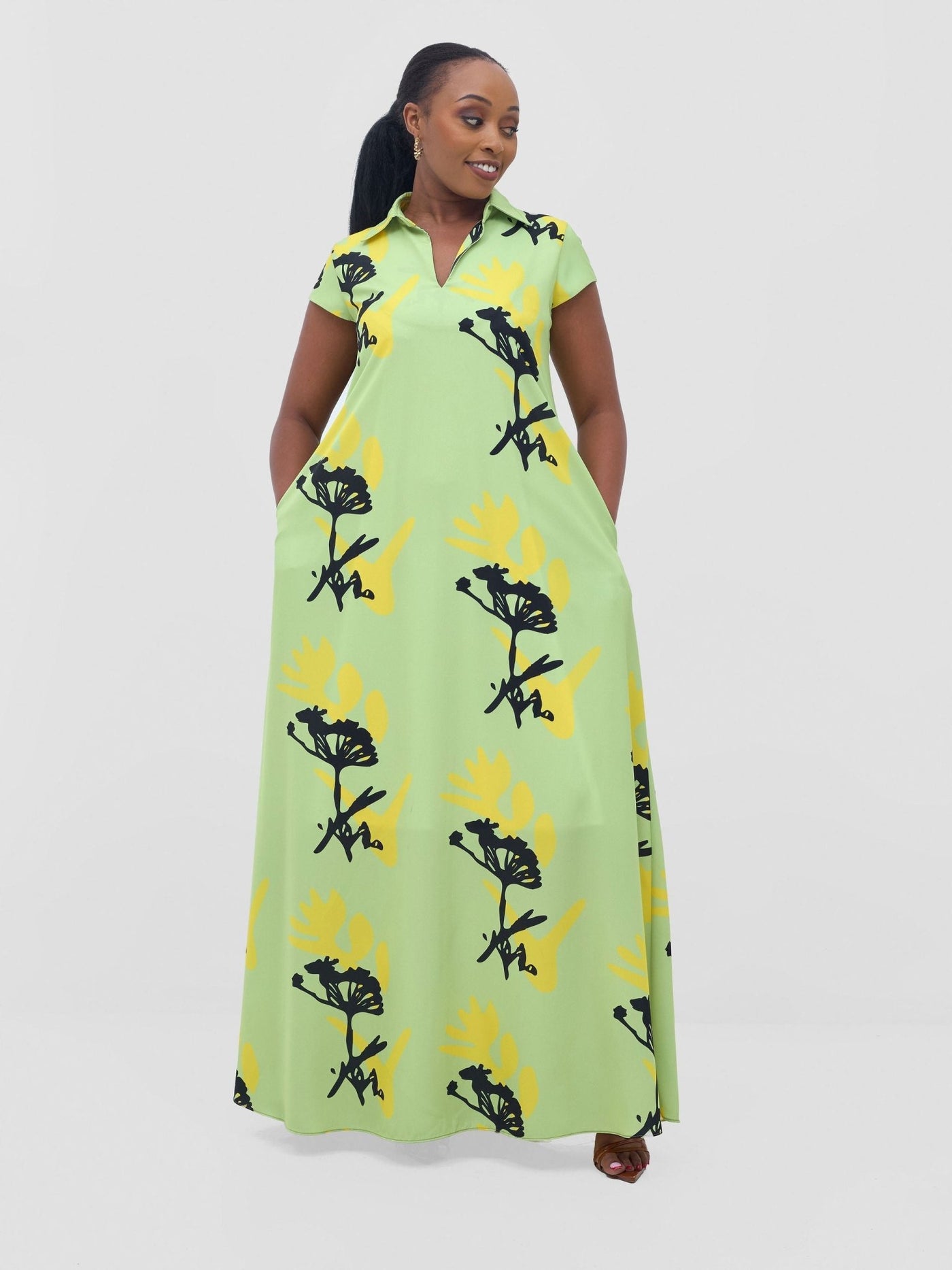 Vivo Zuri Cap Sleeved Maxi Dress - Lime / Yellow Abasi Print - Shopzetu