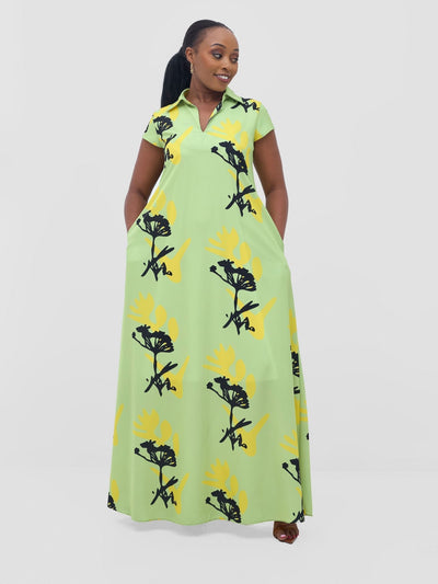 Vivo Zuri Cap Sleeved Maxi Dress - Lime / Yellow Abasi Print - Shopzetu