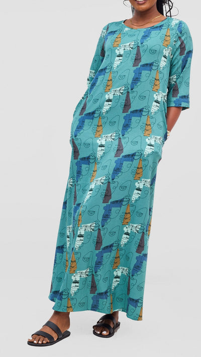 Vivo Maisha 3/4 Sleeve Maxi Dress - Teal Mural Print - Shopzetu