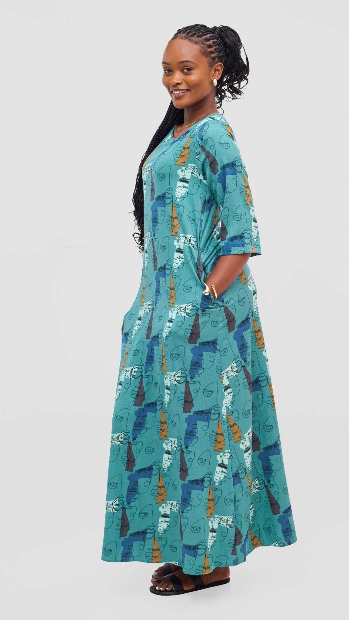 Vivo Maisha 3/4 Sleeve Maxi Dress - Teal Mural Print - Shopzetu