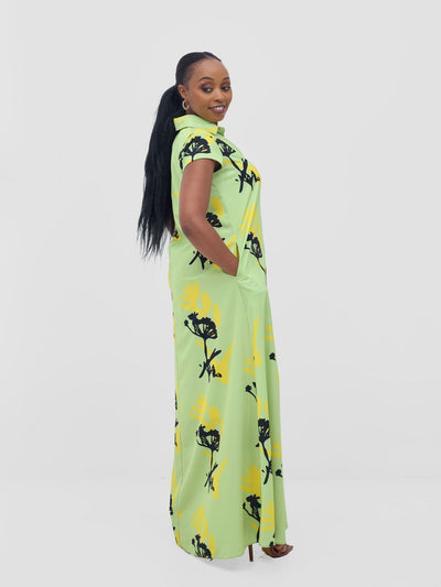 Vivo Zuri Cap Sleeved Maxi Dress - Lime / Yellow Abasi Print - Shopzetu