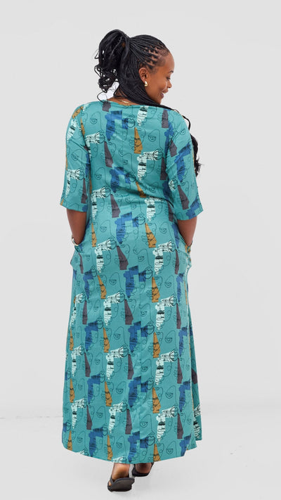 Vivo Maisha 3/4 Sleeve Maxi Dress - Teal Mural Print - Shopzetu
