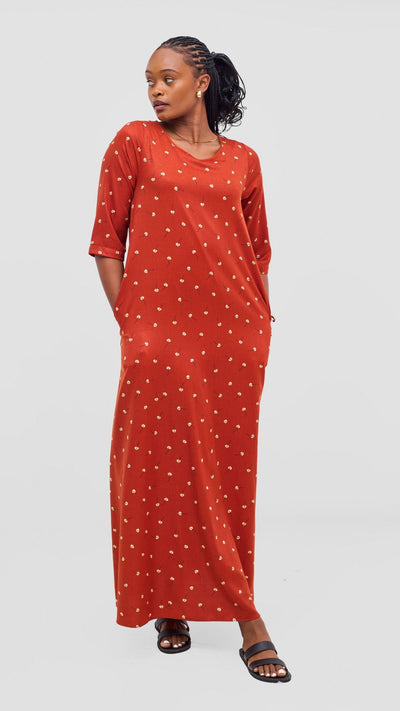 Vivo Maisha 3/4 Sleeve Maxi Dress - Orange Floral Print - Shopzetu