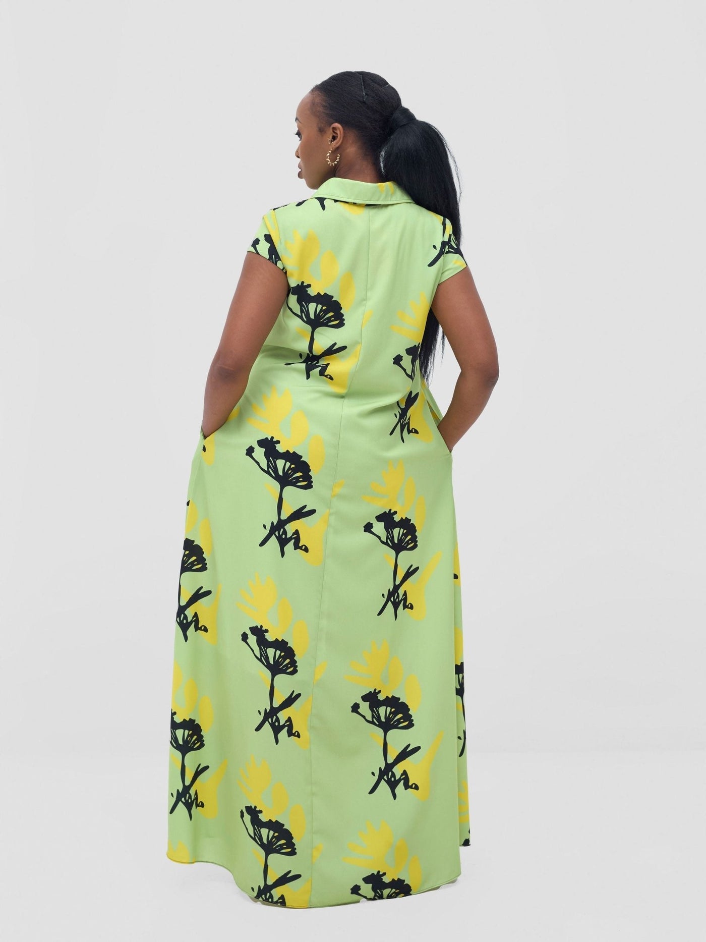 Vivo Zuri Cap Sleeved Maxi Dress - Lime / Yellow Abasi Print - Shopzetu