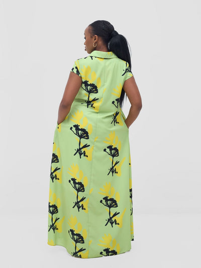 Vivo Zuri Cap Sleeved Maxi Dress - Lime / Yellow Abasi Print - Shopzetu