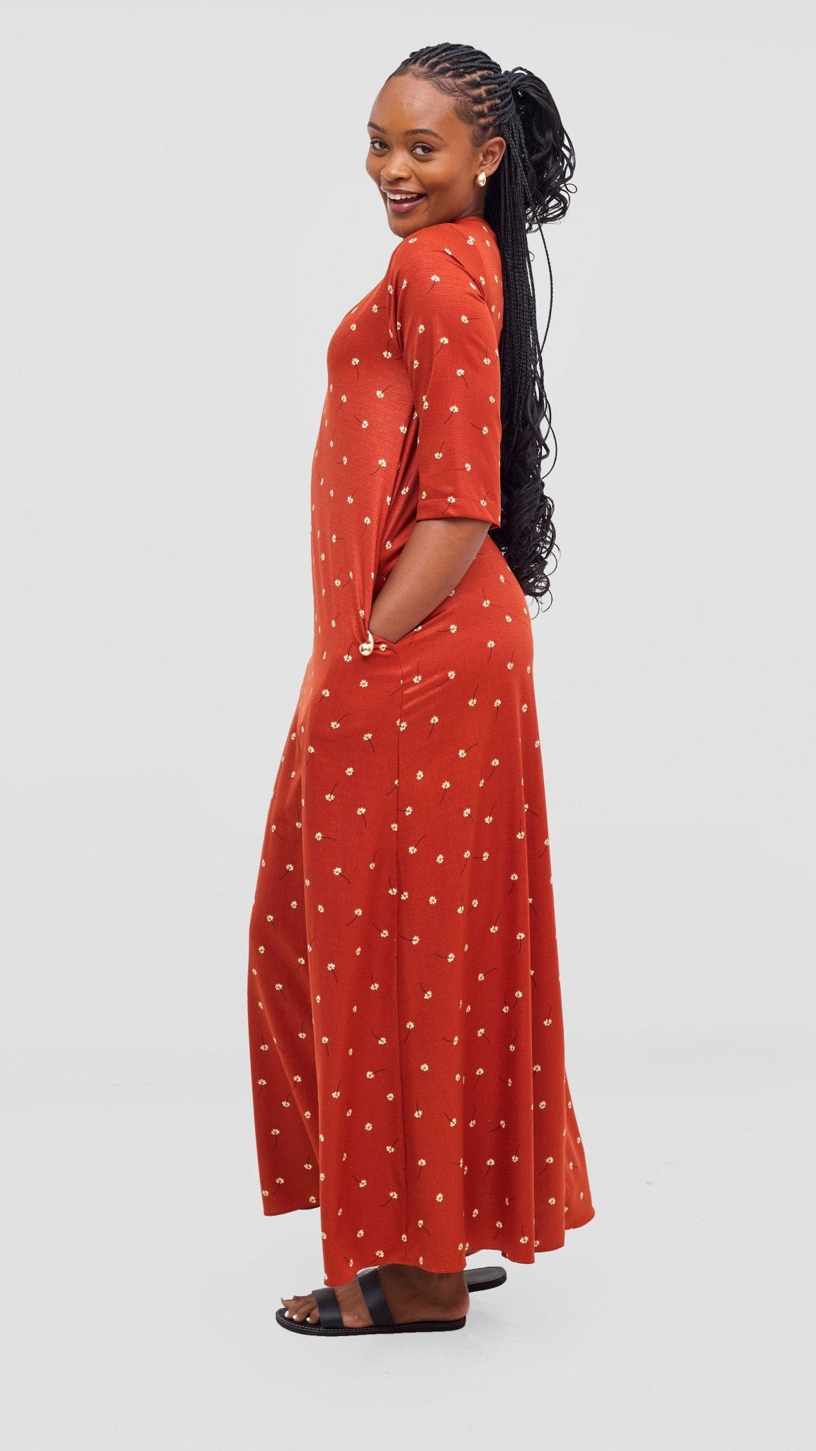Vivo Maisha 3/4 Sleeve Maxi Dress - Orange Floral Print - Shopzetu