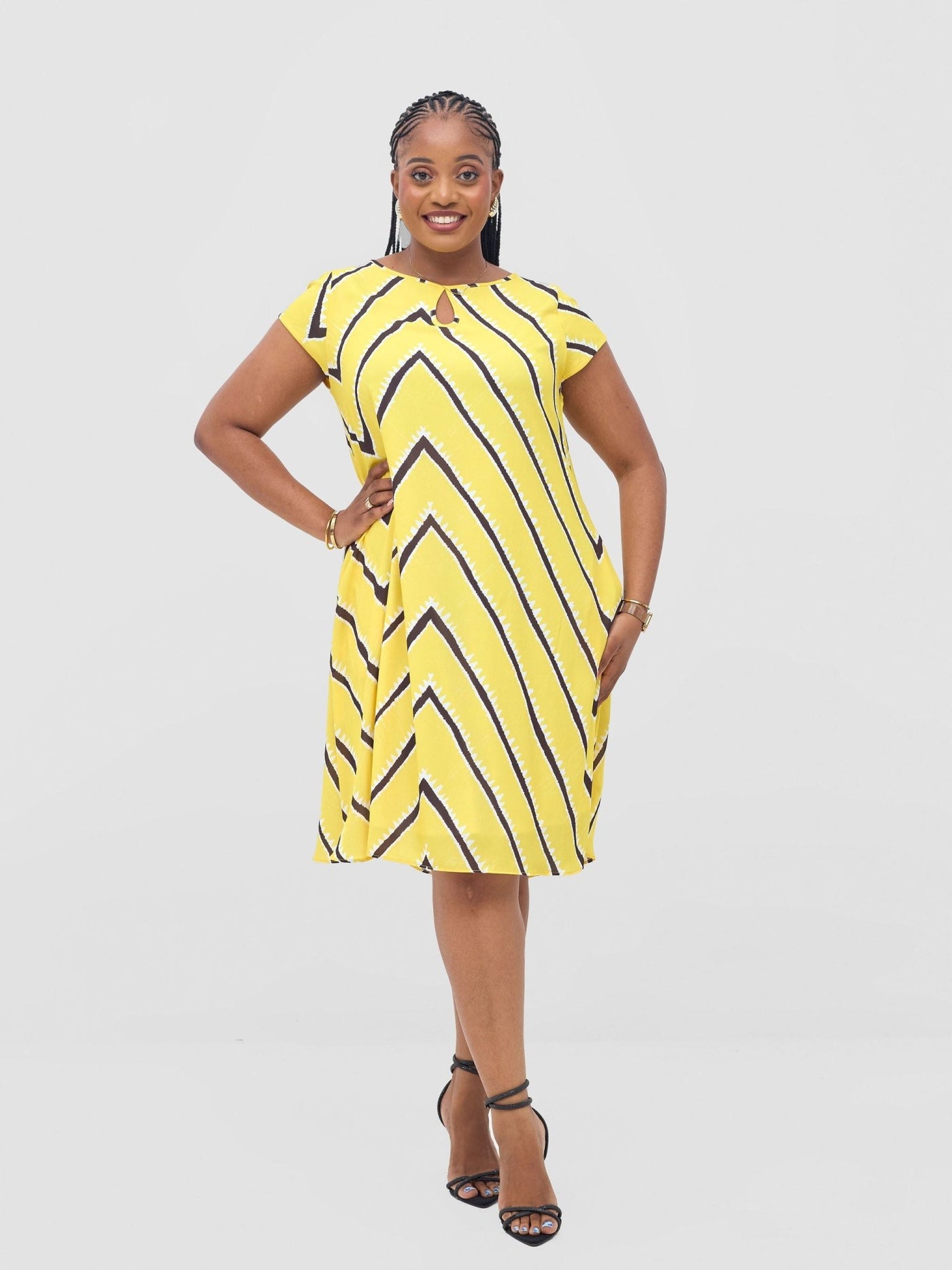 Vivo Sierra Cap Sleeve Tent Chiffon Dress - Yellow / Chocolate Sabi Print - Shopzetu