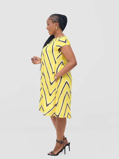 Vivo Sierra Cap Sleeve Tent Chiffon Dress - Yellow / Chocolate Sabi Print - Shopzetu
