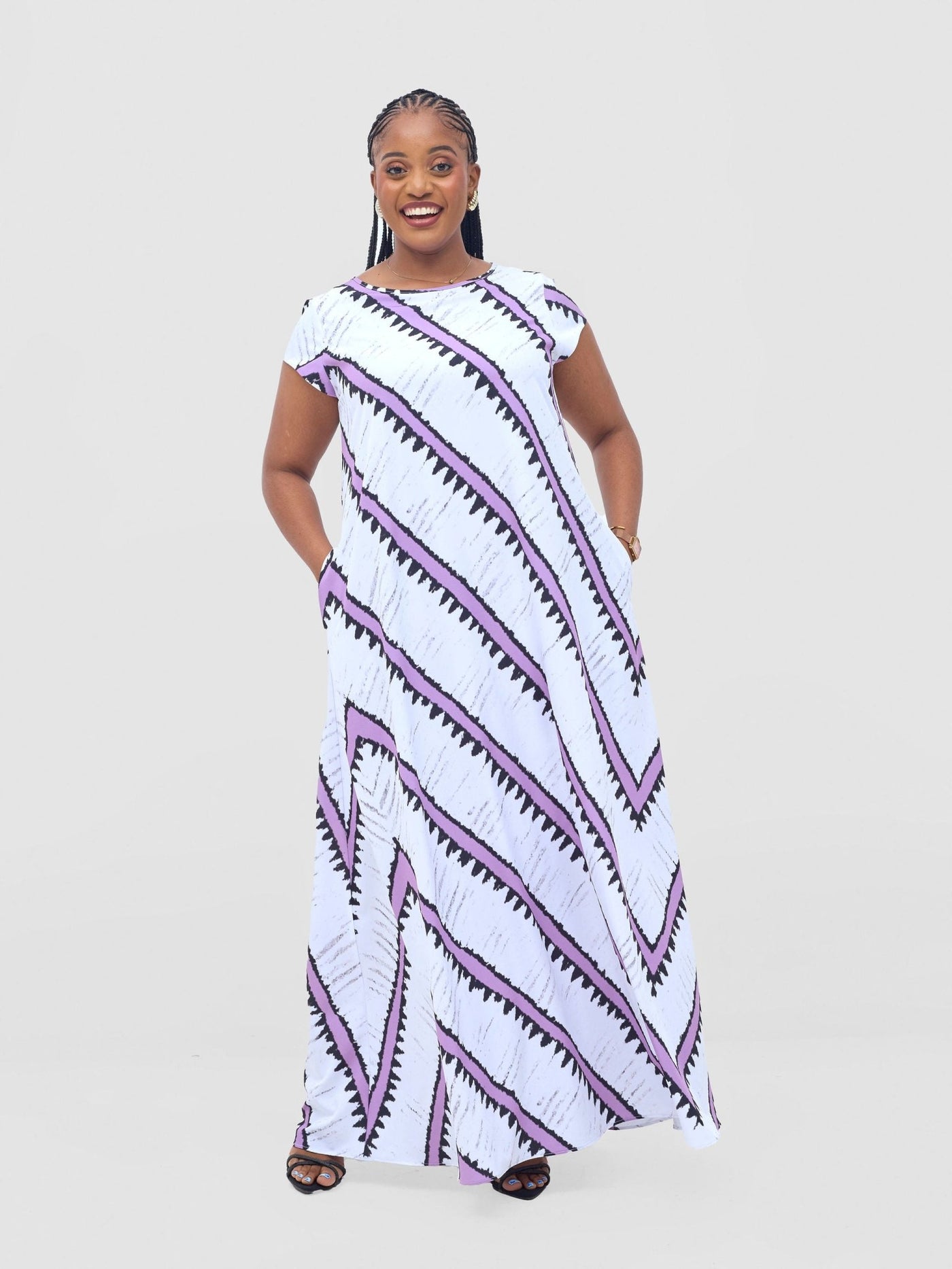 Vivo Basic Cap Sleeve Maxi Tent Dress - White / Lilac Sabi Print - Shopzetu