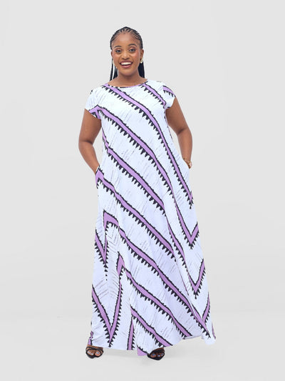 Vivo Basic Cap Sleeve Maxi Tent Dress - White / Lilac Sabi Print - Shopzetu