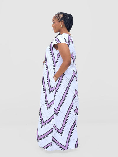 Vivo Basic Cap Sleeve Maxi Tent Dress - White / Lilac Sabi Print - Shopzetu