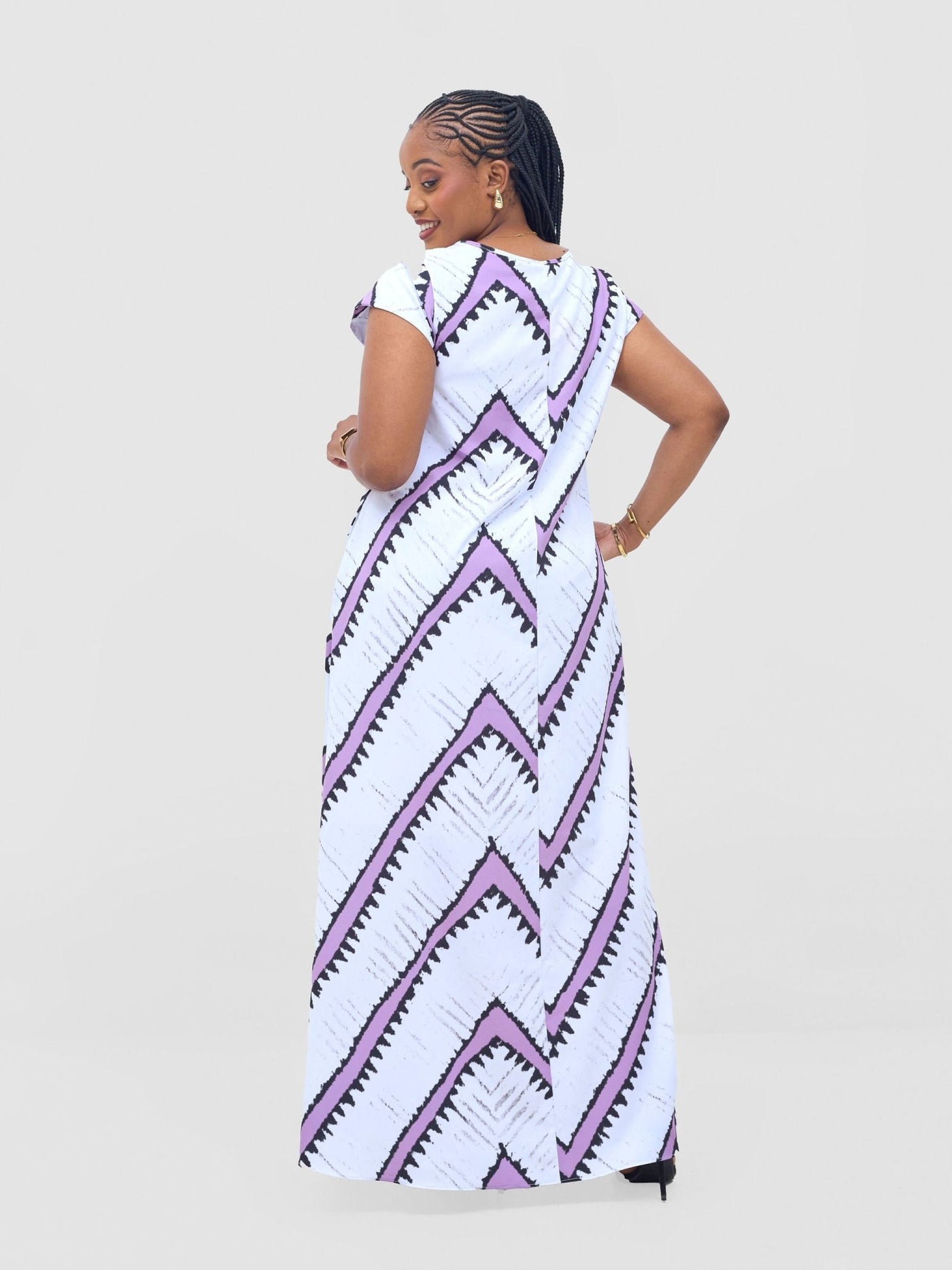 Vivo Basic Cap Sleeve Maxi Tent Dress - White / Lilac Sabi Print - Shopzetu